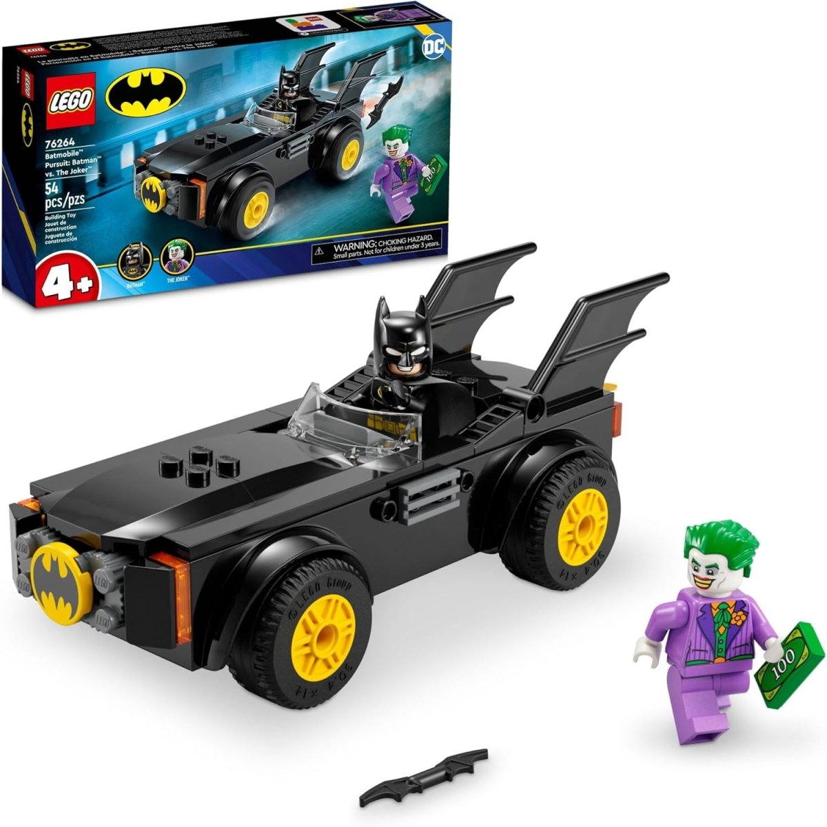 LEGO Batman Batmobile with black body, yellow wheels, Batman minifigure, accessory gun