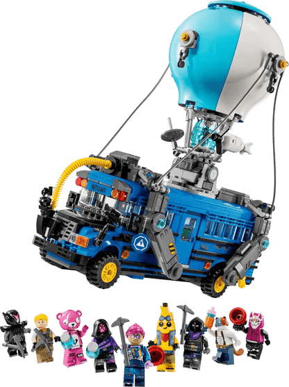 Blue-and-gray Battle Bus vehicle with turret, winch cable, and minifigures