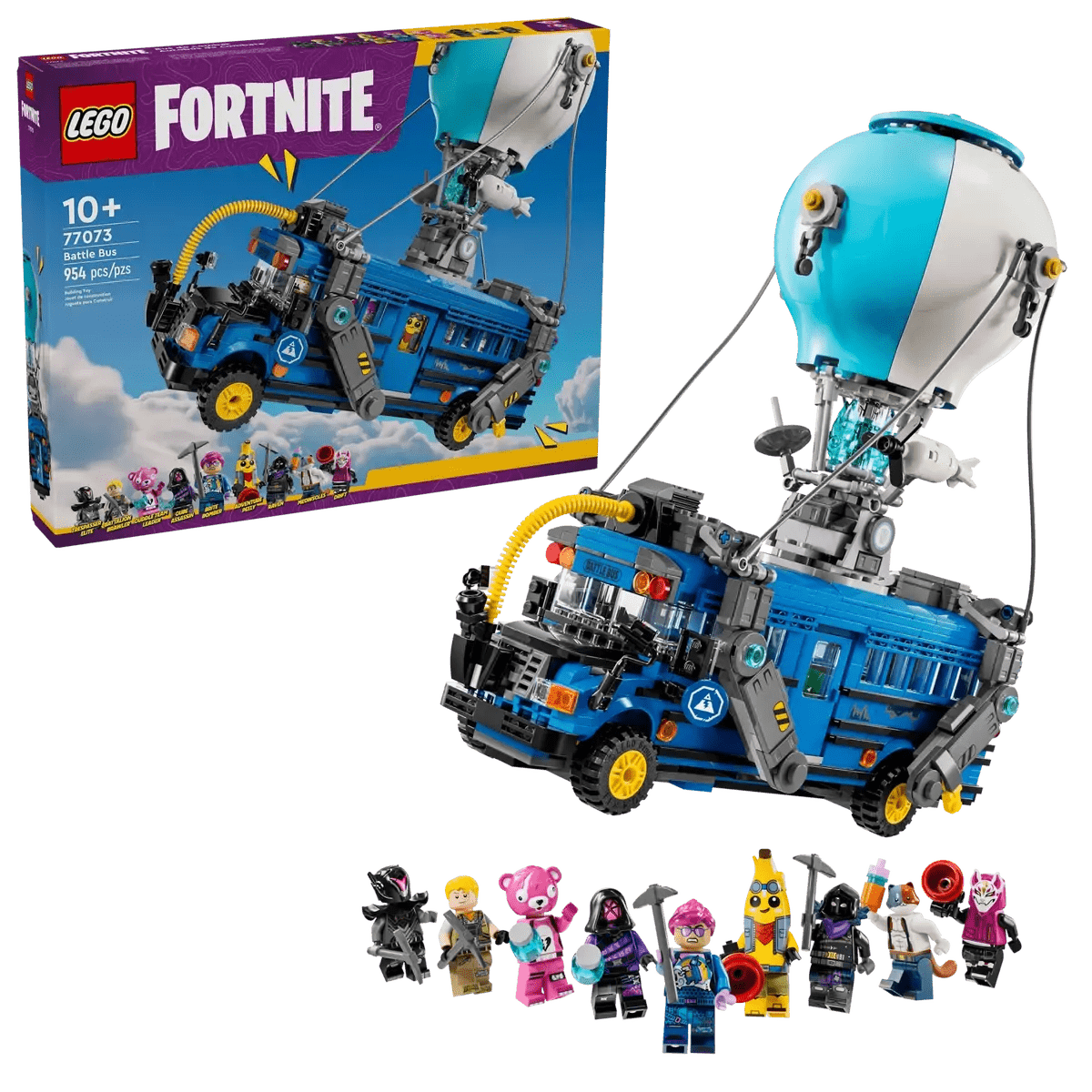 LEGO Fortnite Battle Bus box and built blue-and-gray vehicle with minifigures