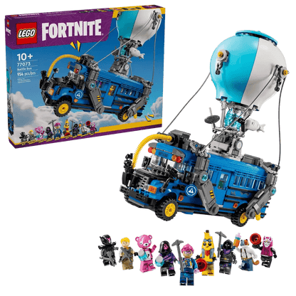 LEGO Fortnite Battle Bus box and built blue-and-gray vehicle with minifigures