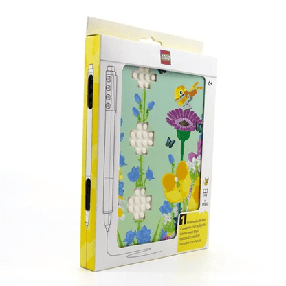 Botanicals Notebook mit Gelstift in LEGO-Box, Pflanzenmotiv und gelber Stift