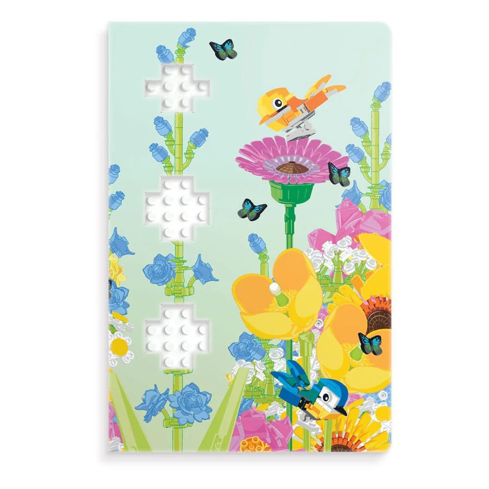 Notizbuchcover Botanicals mit gelbem Vogel, Schmetterlingen und blauen Blumen
