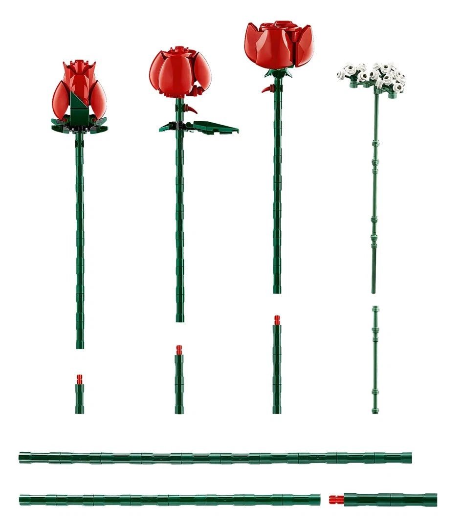Roses building parts: red rose heads, green stems, white flower pieces