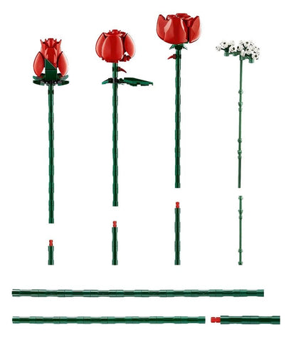 Roses building parts: red rose heads, green stems, white flower pieces