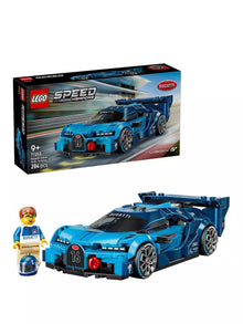 Blue LEGO Bugatti Vision GT hyper sports car model with minifigure on box