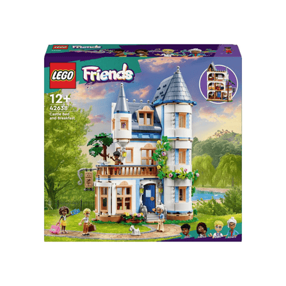 LEGO Friends castle building set box showing blue turrets and garden landscaping