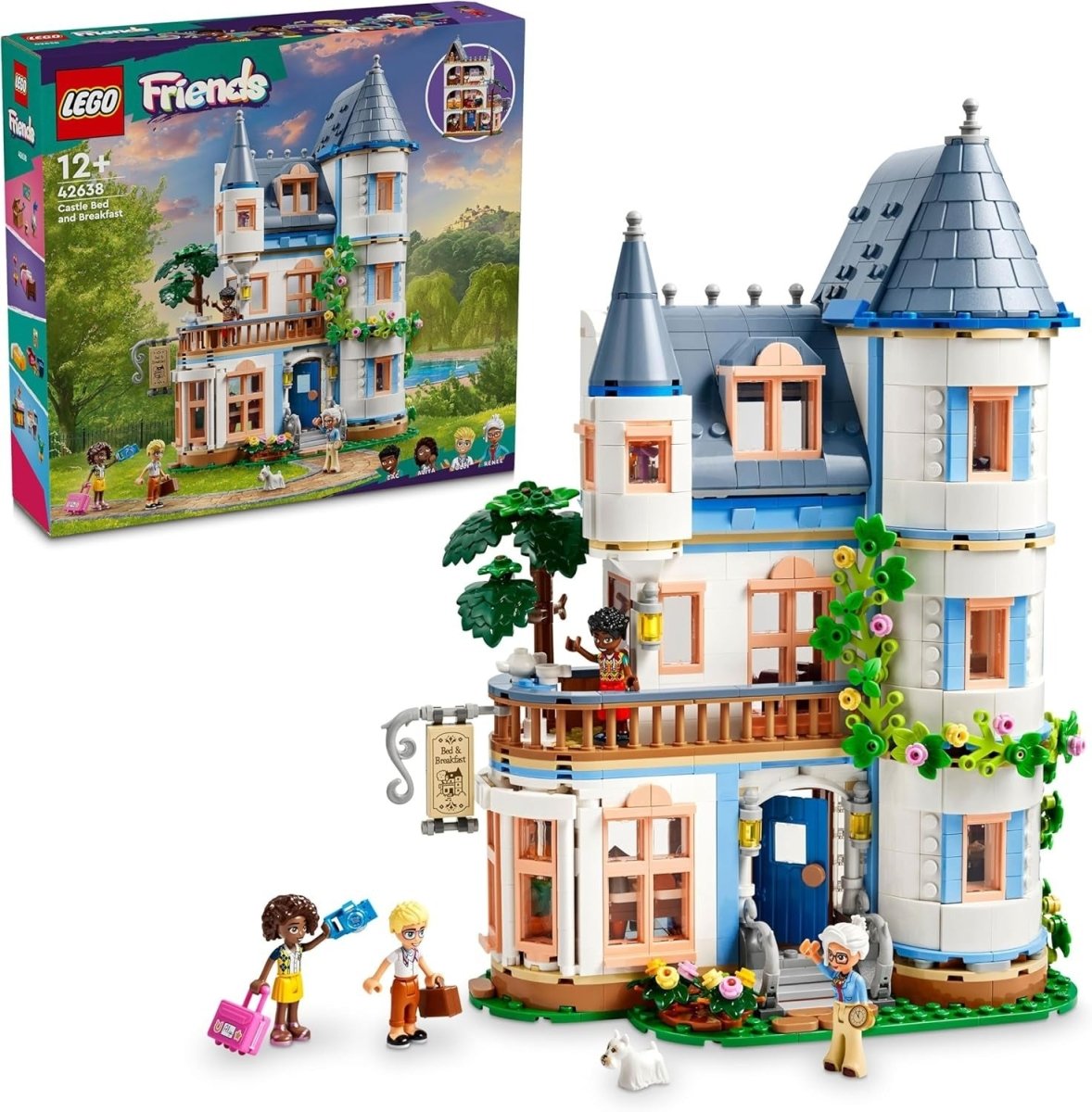 LEGO Friends castle building set box with blue-and-white turrets and flowers