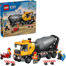 LEGO City Cement Mixer: yellow/gray mixer truck with minifigures and wheelbarrow