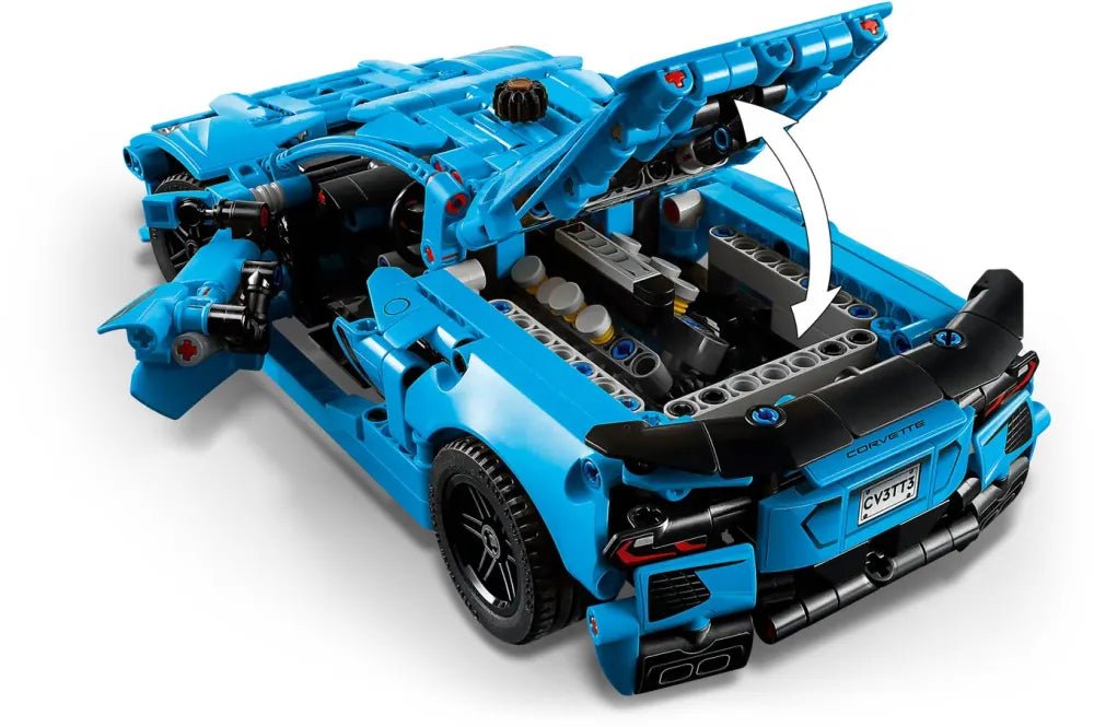 Corvette Stingray Blue LEGO model car with hood open, engine components visible