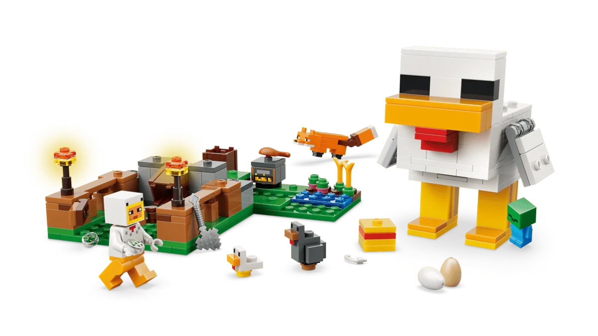Chicken Farm build with white chicken, minifigures, tools, and eggs
