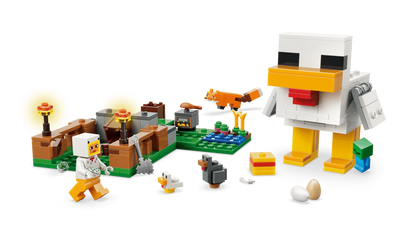 Chicken Farm build with white chicken, minifigures, tools, and eggs