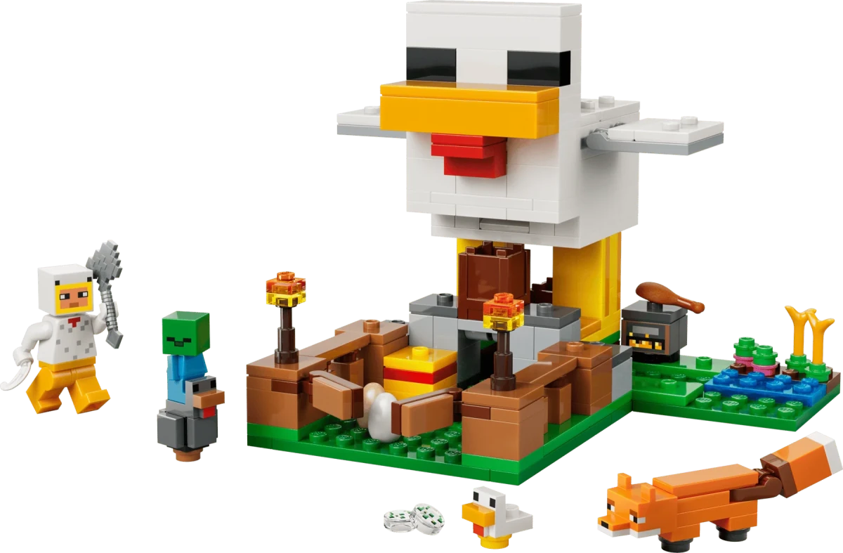 Built Chicken Farm scene with white chicken figure, fenced area, and small characters