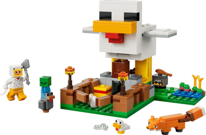 Built Chicken Farm scene with white chicken figure, fenced area, and small characters