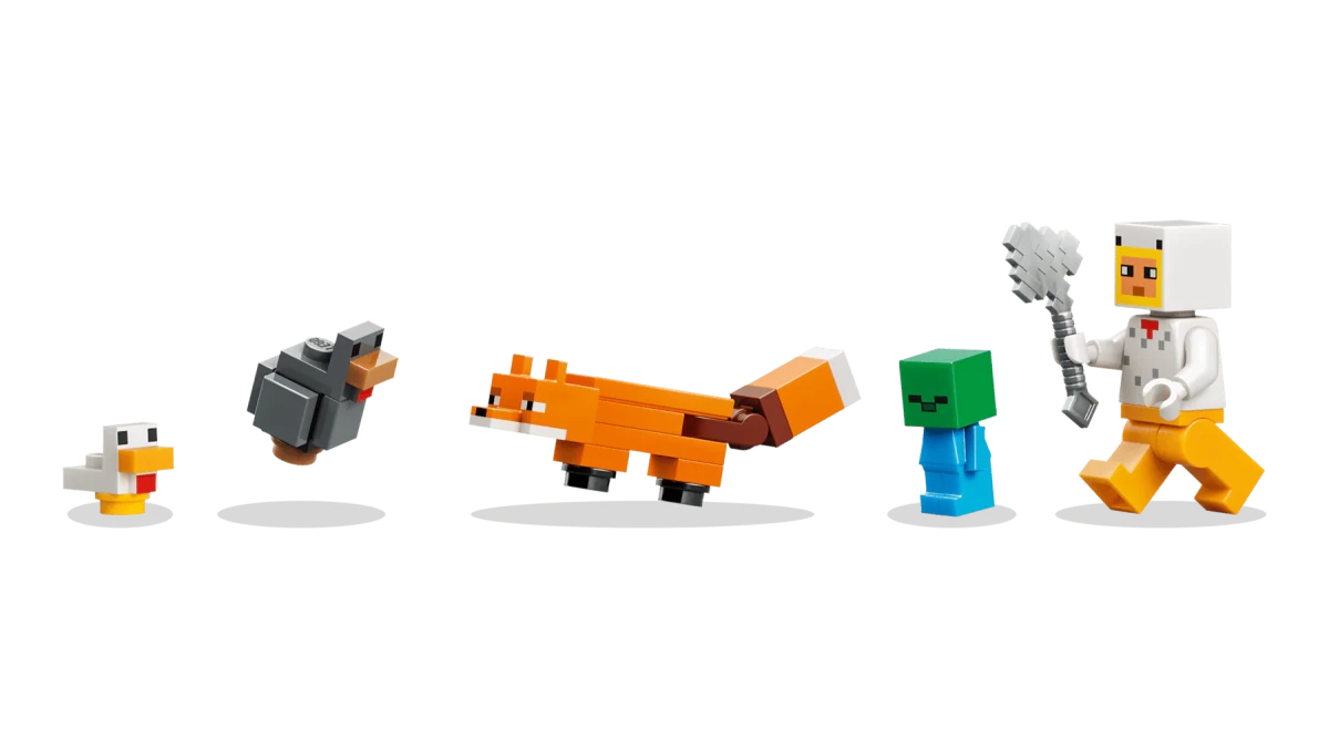 Chicken Farm mini figures group: white chicken, yellow character, green villager, orange cat
