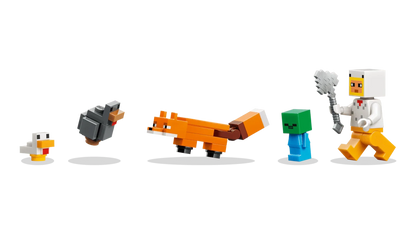 Chicken Farm mini figures group: white chicken, yellow character, green villager, orange cat