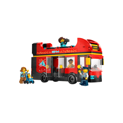 Red double-decker sightseeing bus toy with minifigures and roof detail