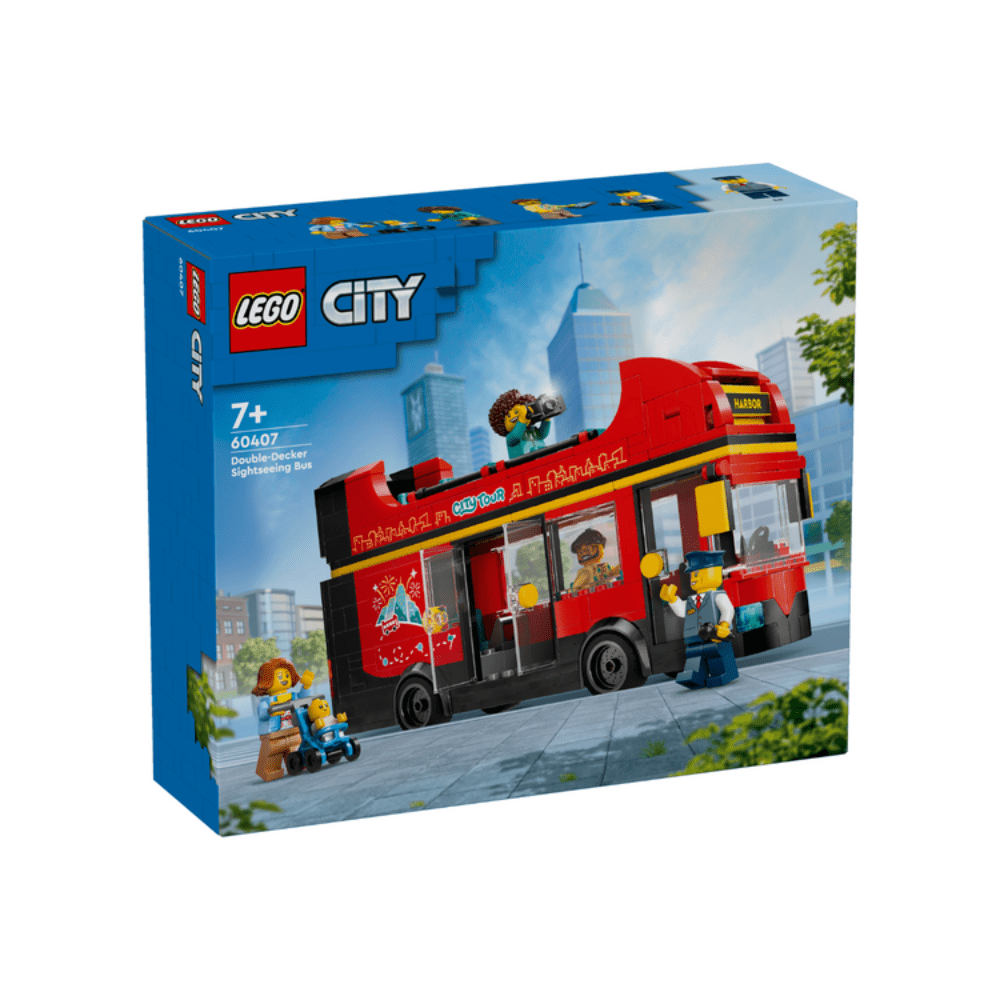 LEGO City set box for red double-decker sightseeing bus, age 7+