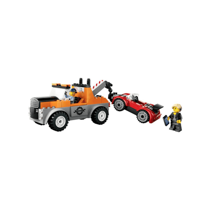 LEGO City tow truck building set with orange truck, red sports car, and two minifigures