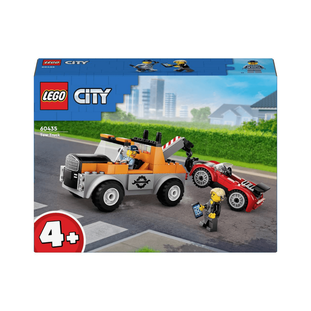 LEGO City tow truck toy set box with orange tow truck and red sports car