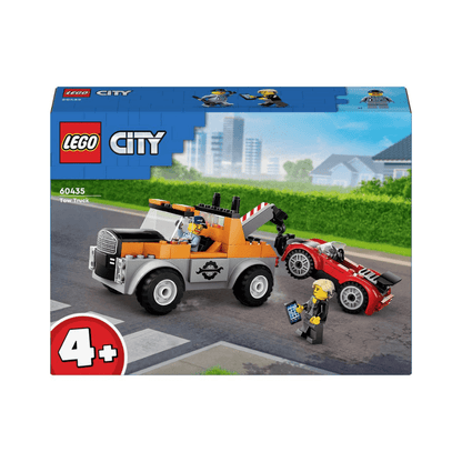 LEGO City tow truck toy set box with orange tow truck and red sports car