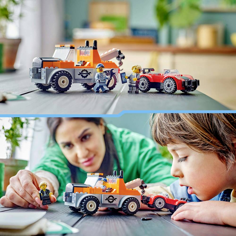 LEGO City tow truck with orange cab and black wheels, red sports car, and minifigures