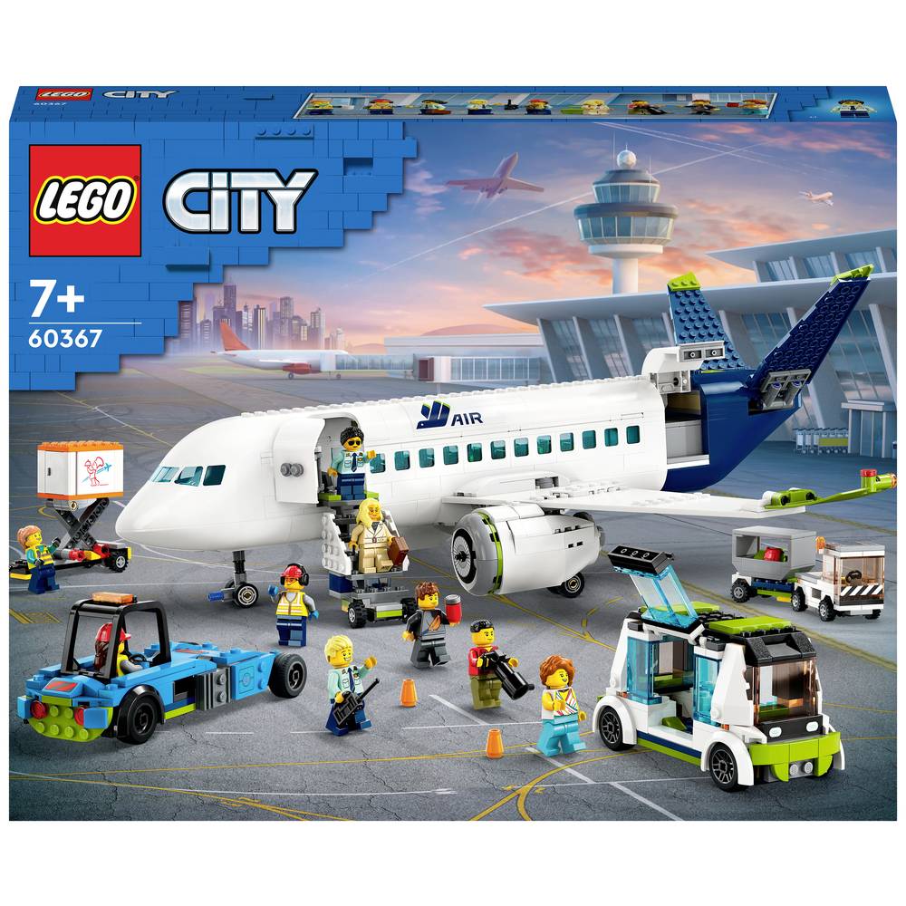 LEGO City airplane set with white jet, crew minifigures, and small vehicles on display