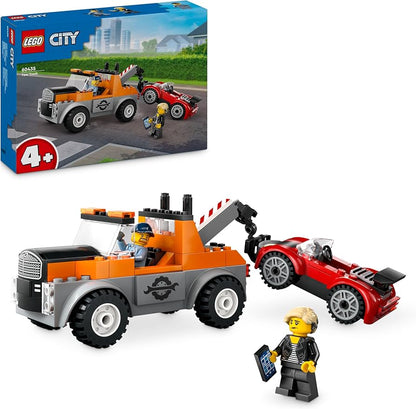 LEGO City tow truck toy with orange and black cab, red sports car and minifig, boxed