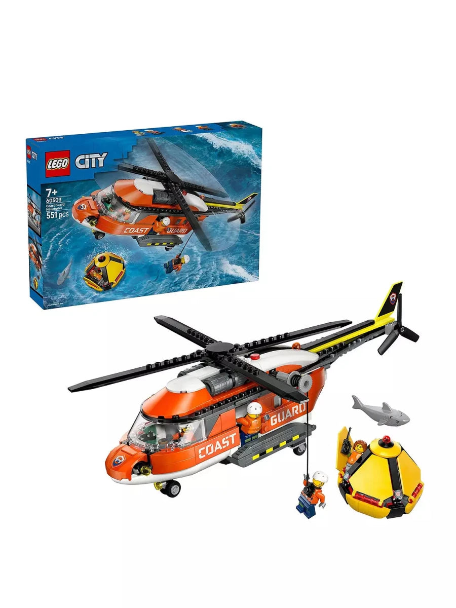 Lego Coast Guard helicopter set: orange-and-white build with yellow stripe