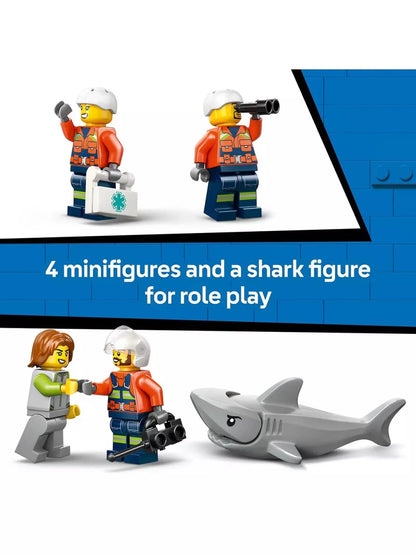 Coast Guard minifigures and gray shark figure with rescue gear
