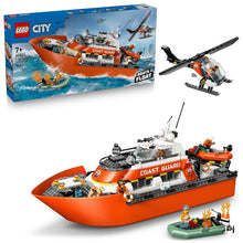 LEGO City Coast Guard rescue boat & helicopter box: orange boat with crew and gear