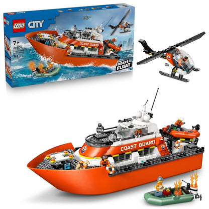 LEGO City Coast Guard rescue boat & helicopter box: orange boat with crew and gear