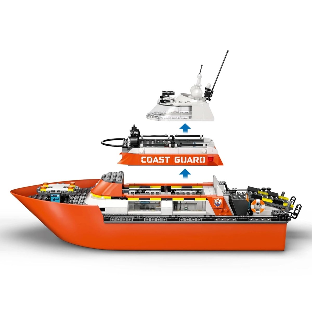 Coast Guard rescue helicopter model, orange-and-white cockpit with black rotors