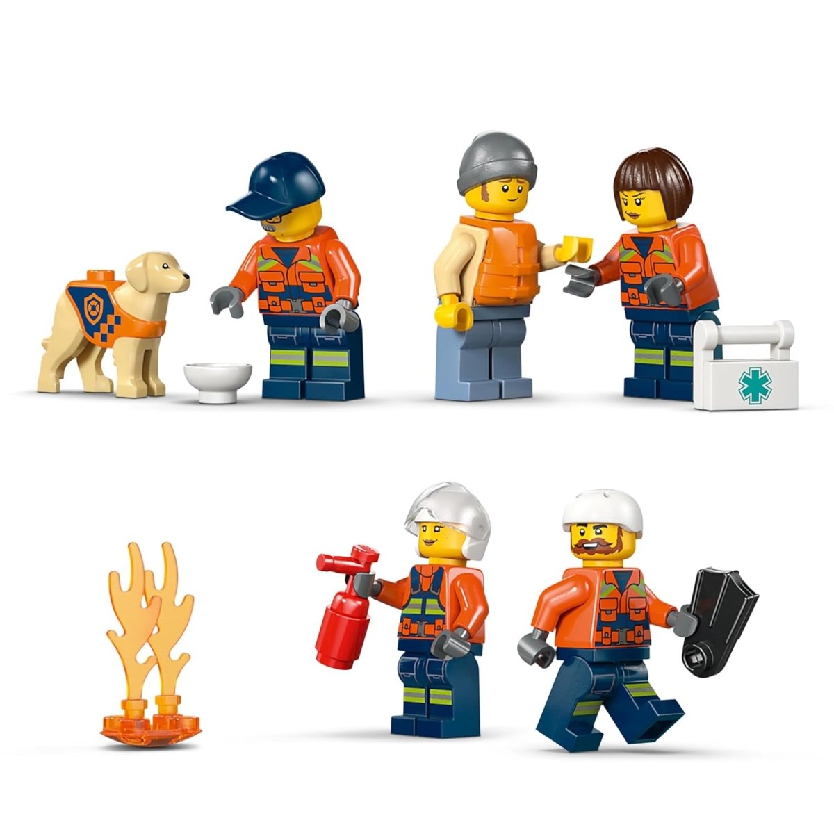 Coast Guard crew minifigures with dog, life ring, extinguisher and fire accessories