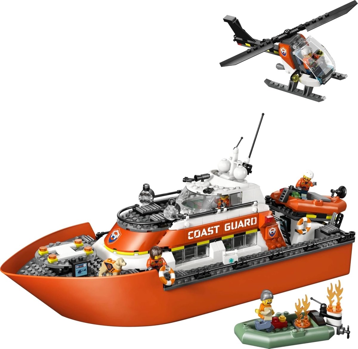 Orange Coast Guard rescue boat with clear cockpit, helicopter on deck and crew figures
