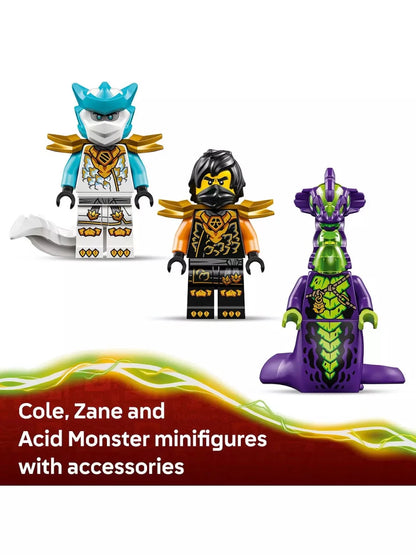 Cole, Zane and Acid Monster minifigures with accessories