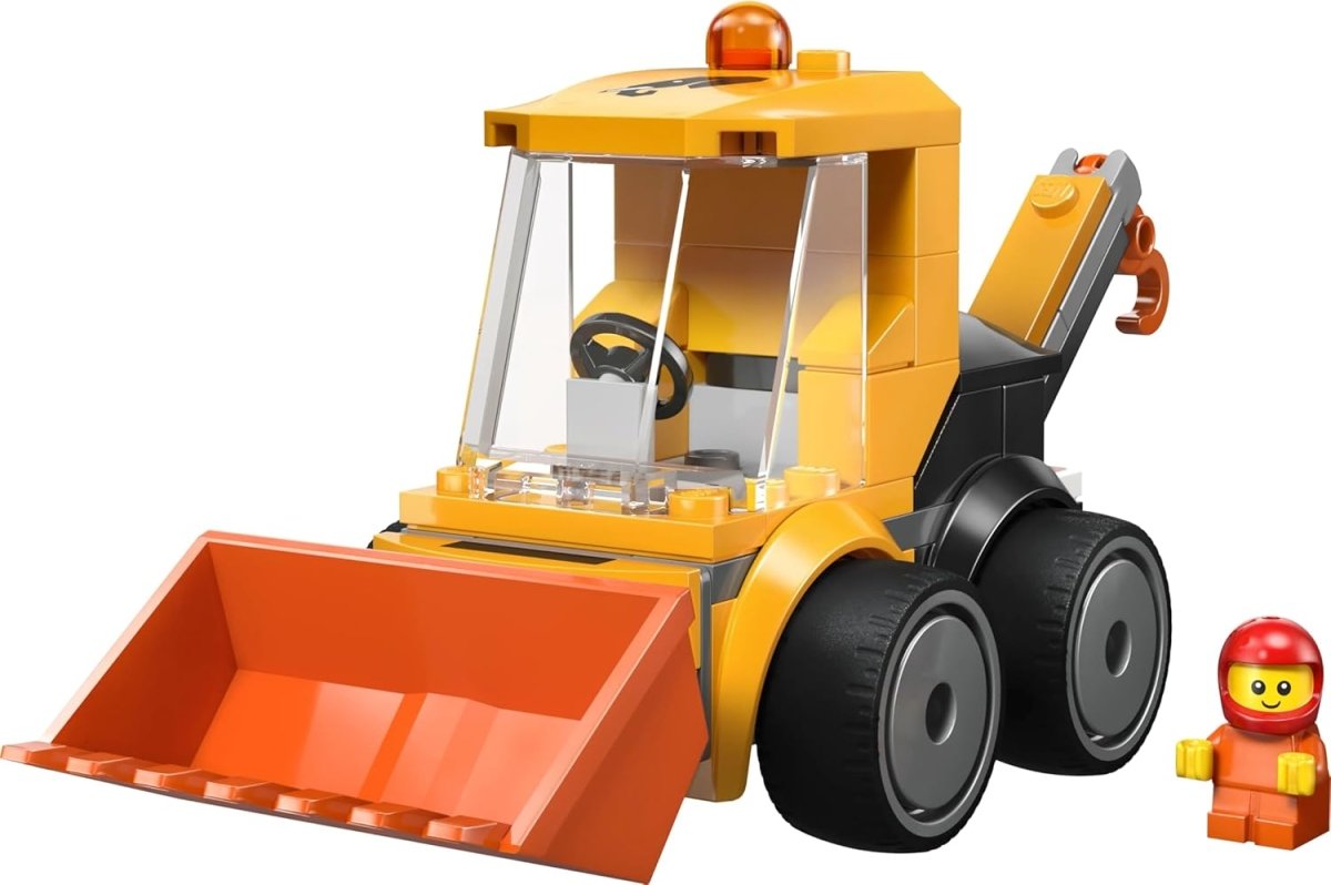 Yellow wheel loader with orange front bucket and clear cab, LEGO figure included