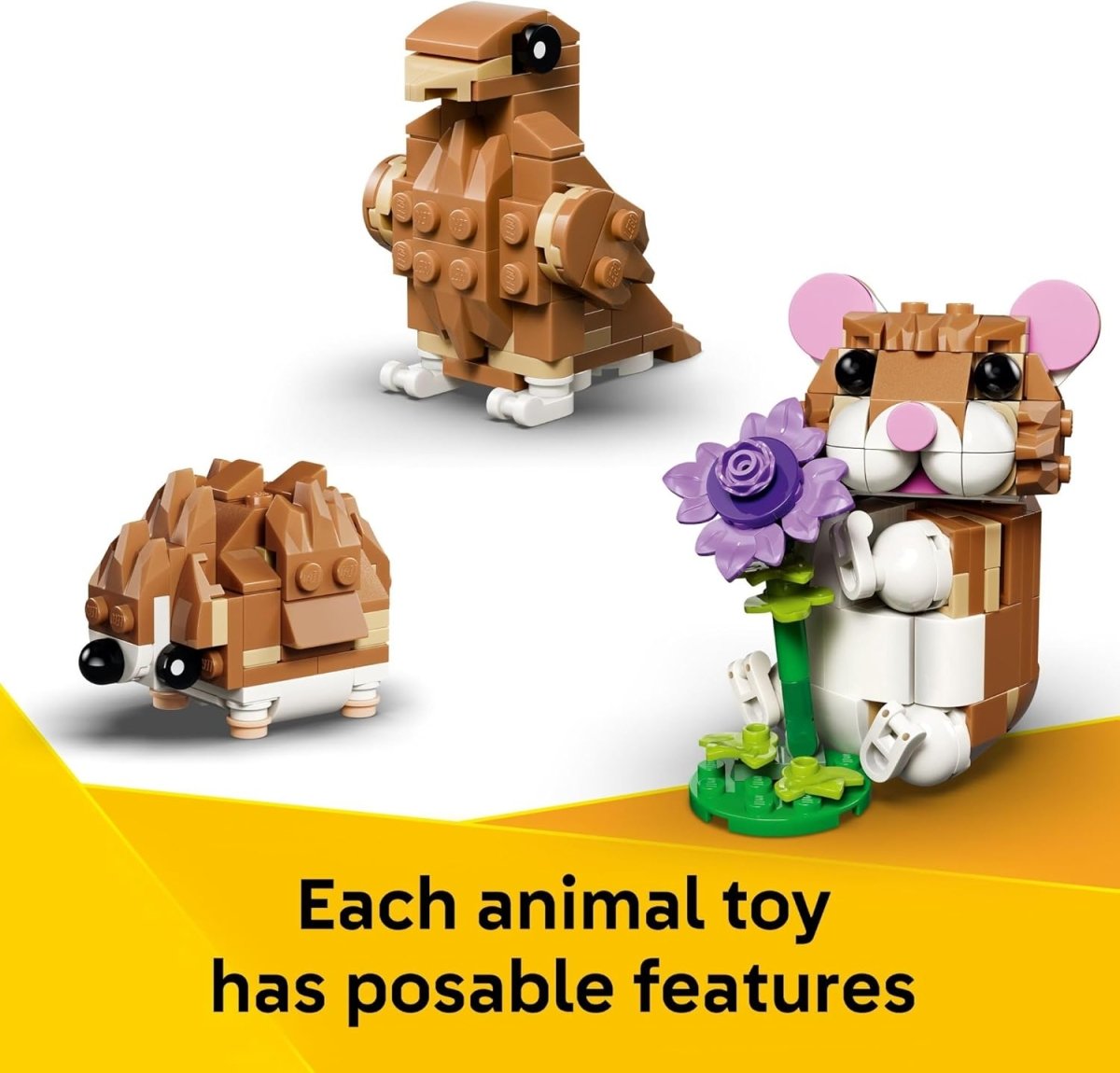 Brick-built hamster figure with purple flower bouquet, side view, brown body and pink ears