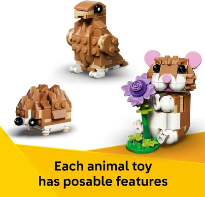 Brick-built hamster figure with purple flower bouquet, side view, brown body and pink ears