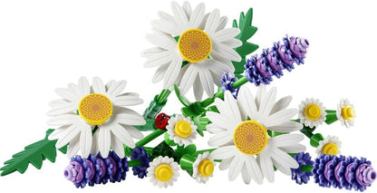 LEGO Daisies model flowers: white daisies with yellow centers, green stems, purple buds