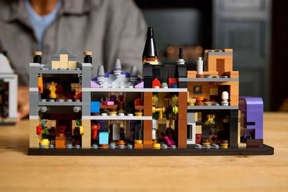 Diagon Alley Wizarding Shops LEGO close-up of colorful shopfronts and stalls