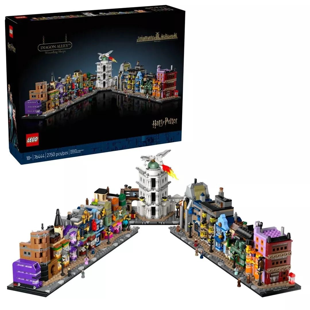 Diagon Alley Wizarding Shops set box with LEGO street miniature scene