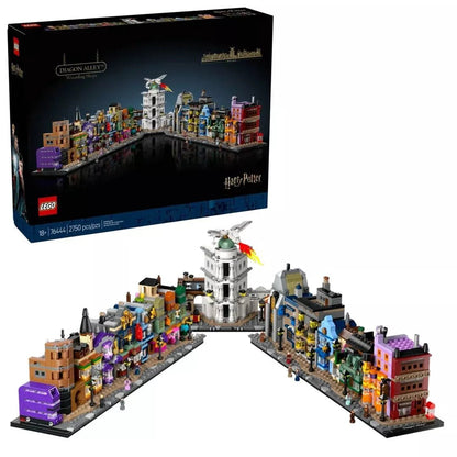 Diagon Alley Wizarding Shops set box with LEGO street miniature scene