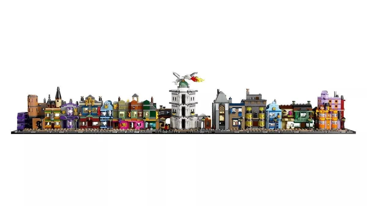 Diagon Alley Wizarding Shops LEGO model street view with towers and shop facades