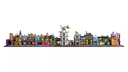 Diagon Alley Wizarding Shops LEGO model street view with towers and shop facades