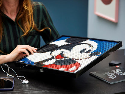 Mickey Mouse LEGO mosaic board with blue background and red shorts