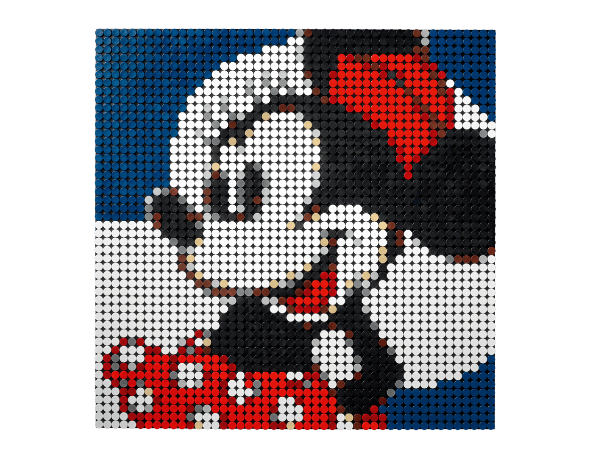 Close-up Mickey Mouse LEGO mosaic with white face and red shorts