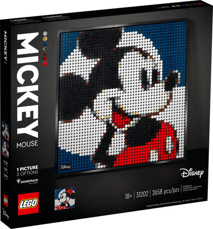 LEGO Mickey Mouse bead mosaic in black, blue, white, and red