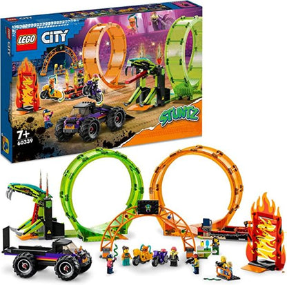 LEGO City Double Loop Stunt Arena set with double-loop tracks, stunt vehicles and minifigures