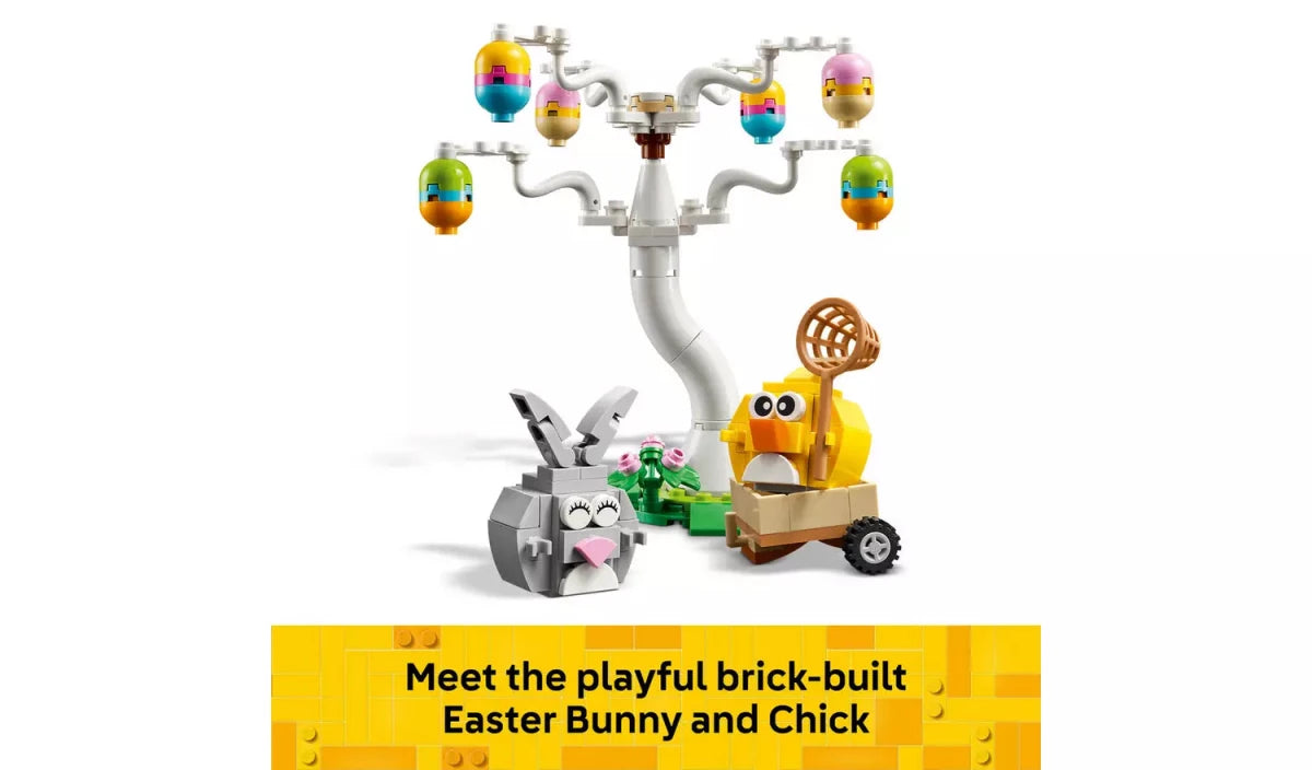 Buildable Easter Bunny and Chick egg hunt egg-crane carousel with colorful egg pieces