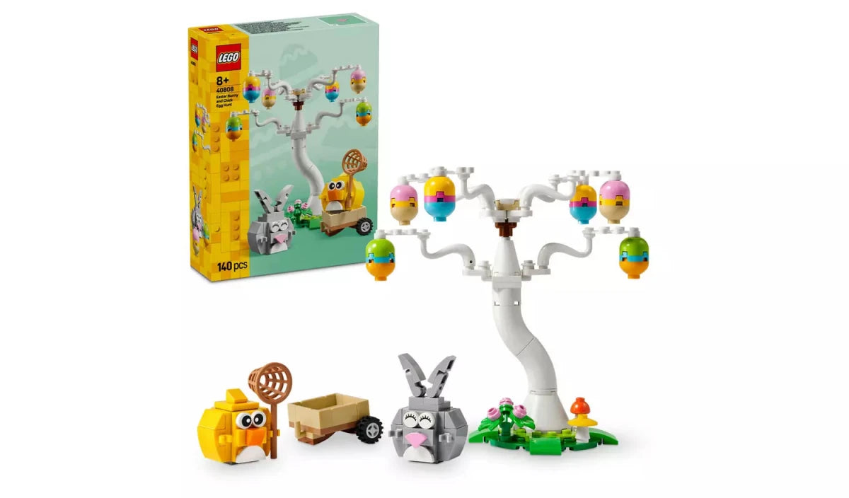 Easter Bunny and Chick egg hunt set with buildable egg-crane, figures, and 140 pieces